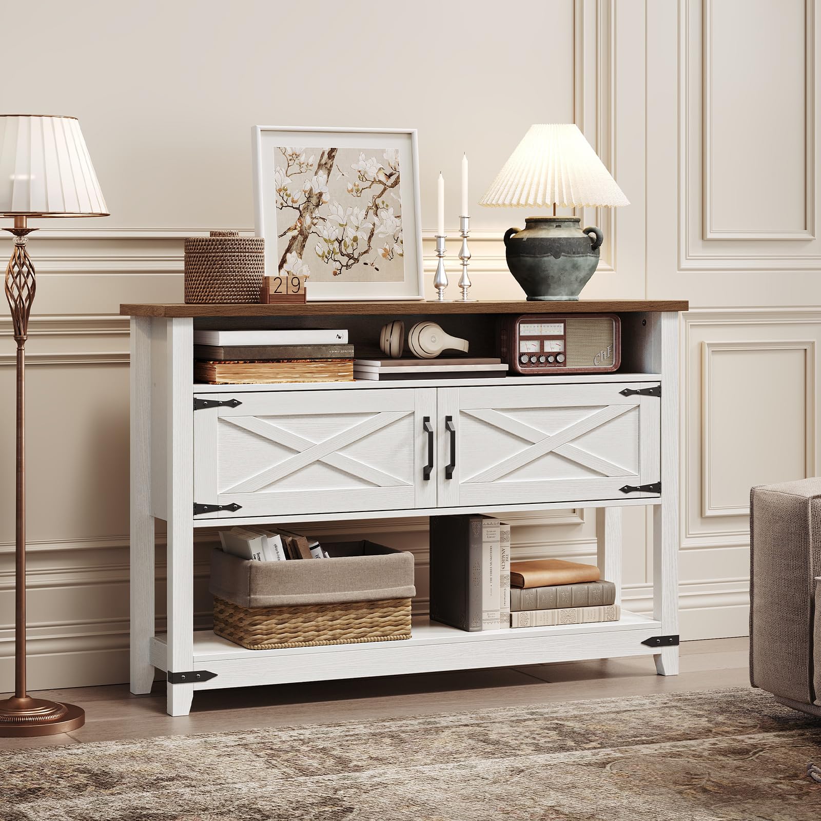 Modern farmhouse sideboard buffet cabinet used for storage in a bright living room