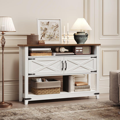 Modern farmhouse sideboard buffet cabinet used for storage in a bright living room