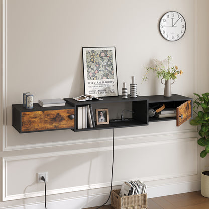 Wall-mounted black shelf with wooden drawers, decorative items, and a clock on a white wall.