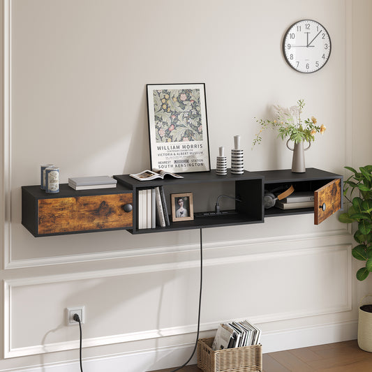 Wall-mounted black shelf with wooden drawers, decorative items, and a clock on a white wall.