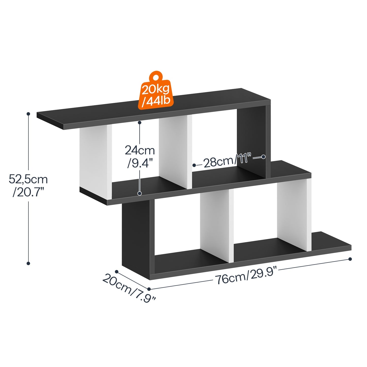 Product dimensions diagram of the black and white geometric floating shelf, showing height, width, depth, and a 20kg or 44lb weight capacity.
