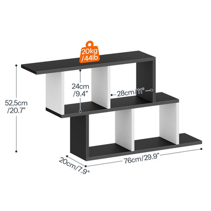 Product dimensions diagram of the black and white geometric floating shelf, showing height, width, depth, and a 20kg or 44lb weight capacity.