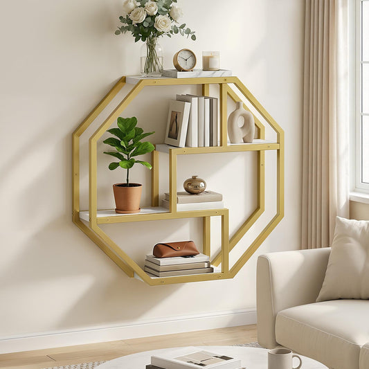 Luxury gold geometric wall shelf installed in a modern living room displaying potted plants and books.