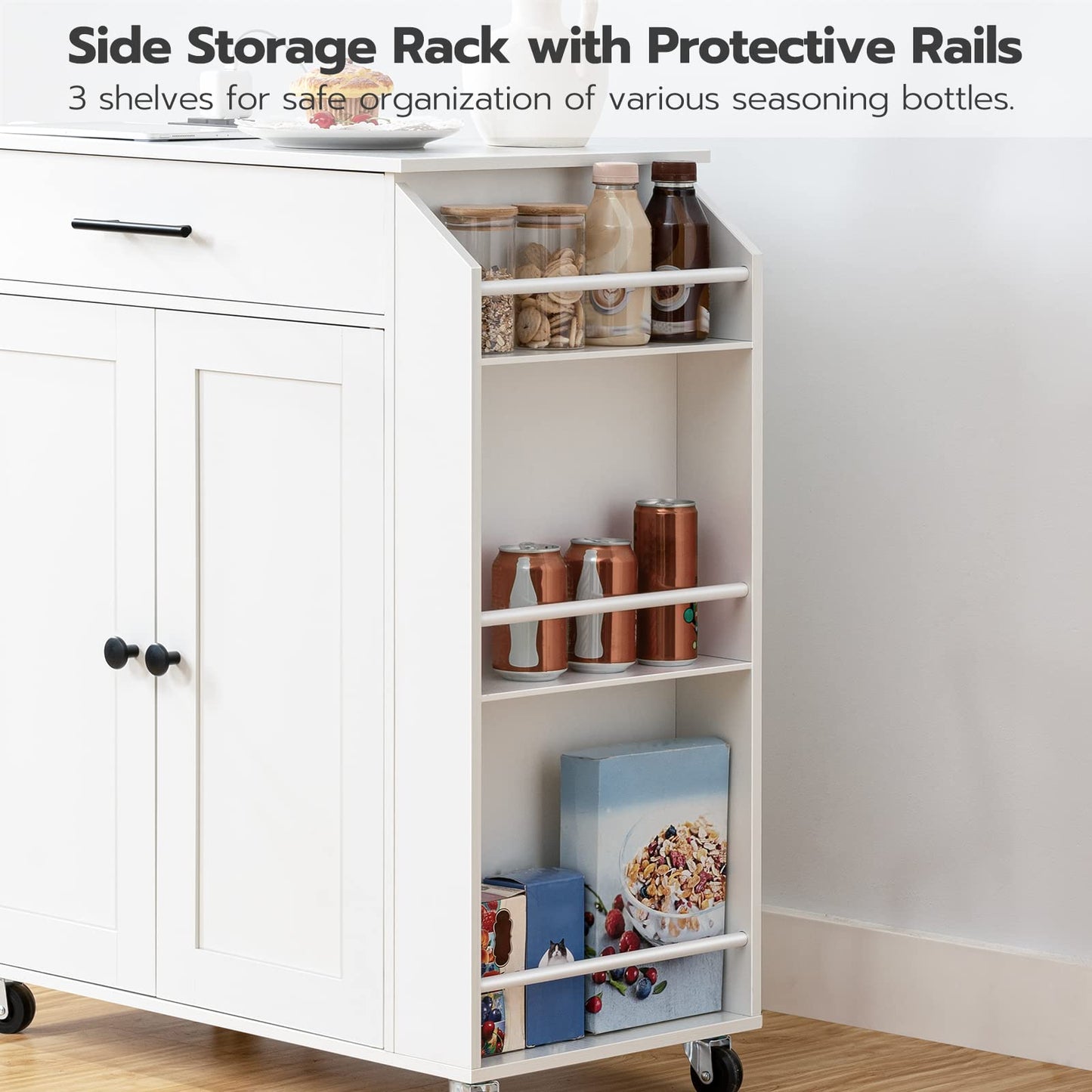 White side storage rack with protective rails containing various items in a kitchen setting.