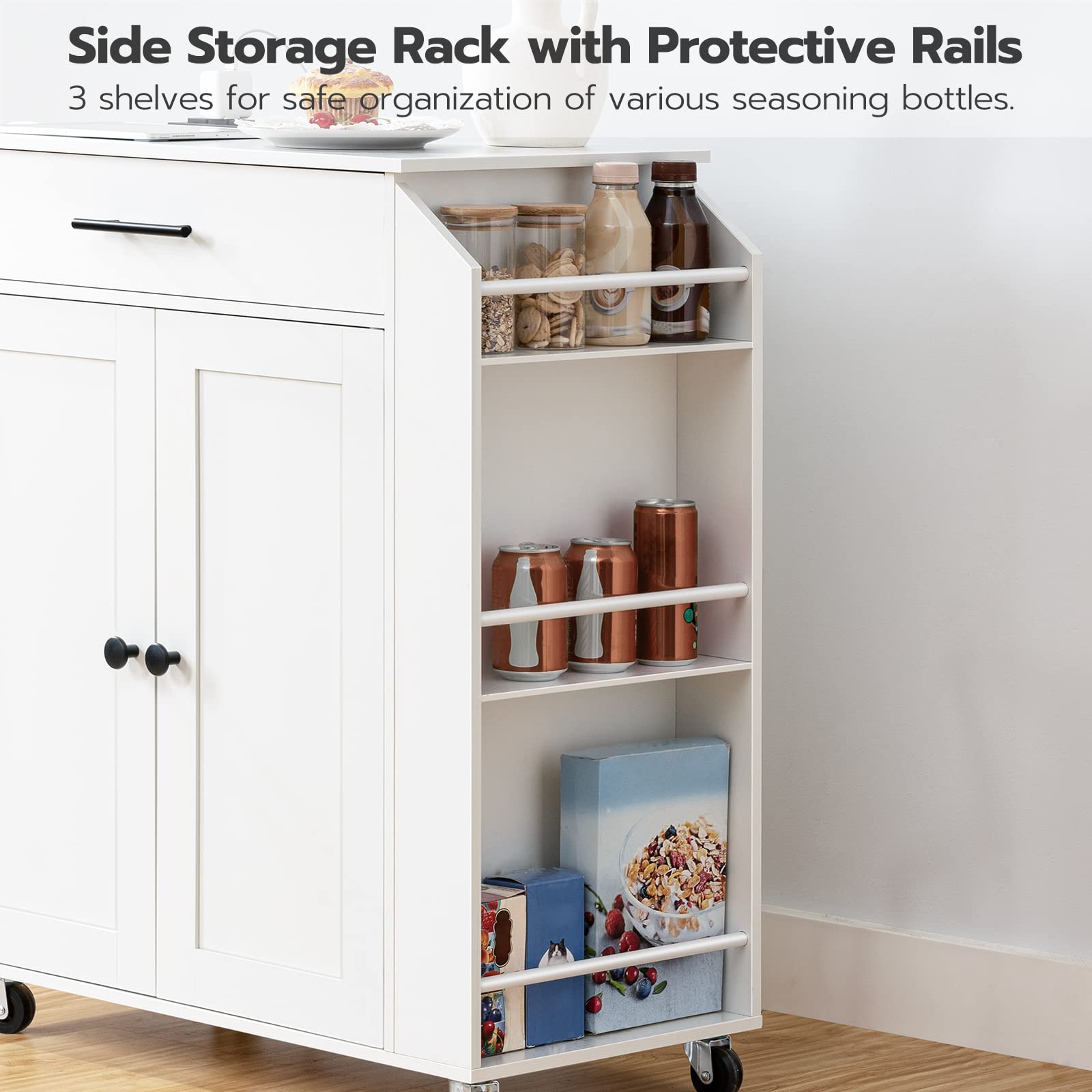 White side storage rack with protective rails containing various items in a kitchen setting.