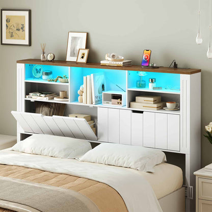 Modern bedroom setup showcasing the storage headboard illuminated with vibrant cyan blue LED ambient lighting.