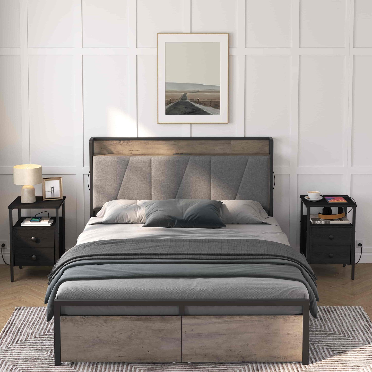 Modern master bedroom layout featuring a matching pair of smart black nightstands next to the bed frame.