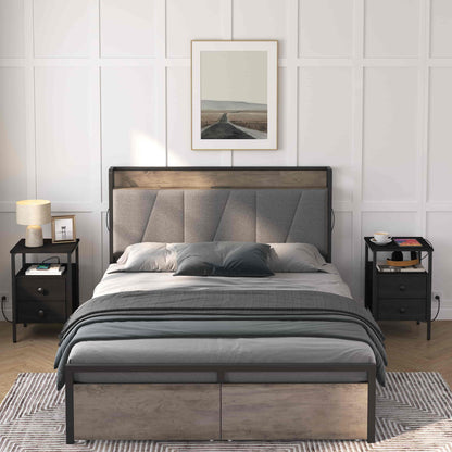 Modern master bedroom layout featuring a matching pair of smart black nightstands next to the bed frame.