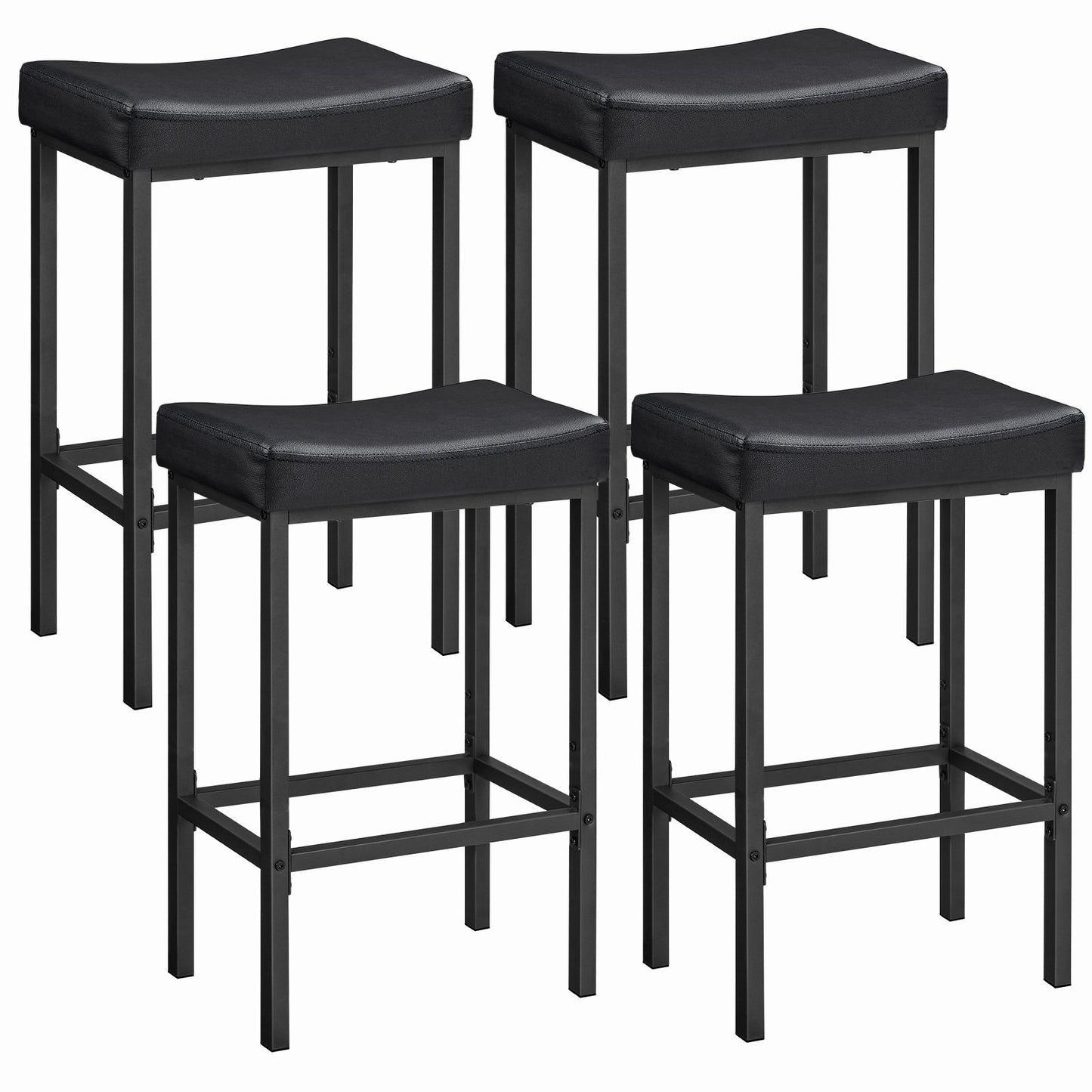 Set of 4 modern black padded bar stools with sturdy metal frames isolated on a white background.