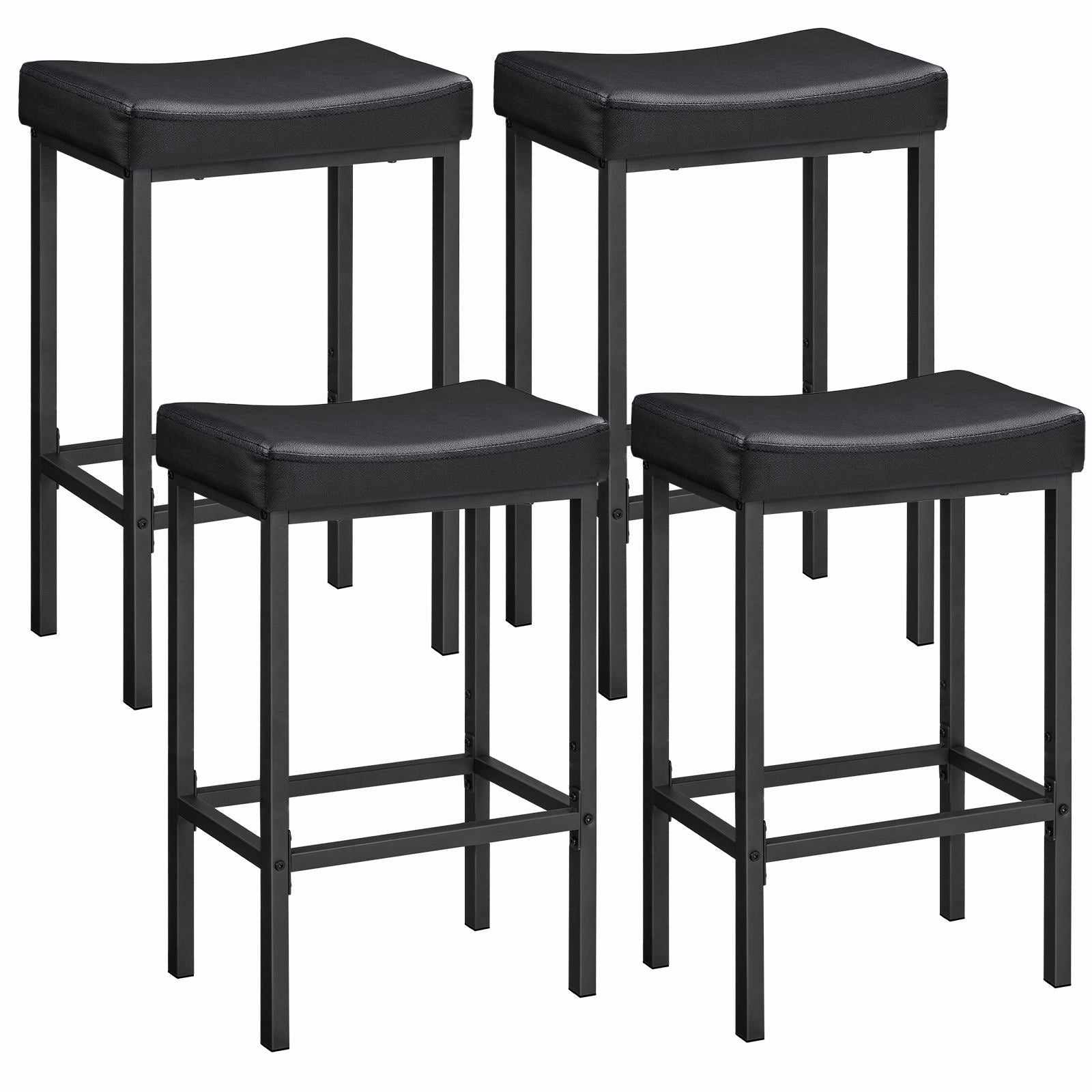 Set of 4 modern black padded bar stools with sturdy metal frames isolated on a white background.