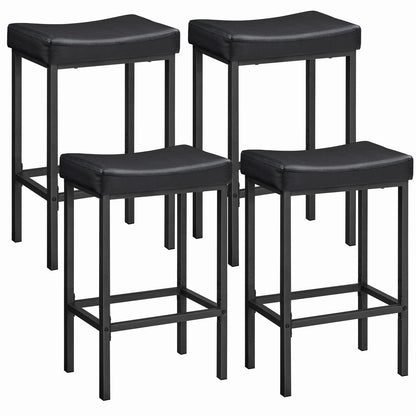 Set of 4 modern black padded bar stools with sturdy metal frames isolated on a white background.