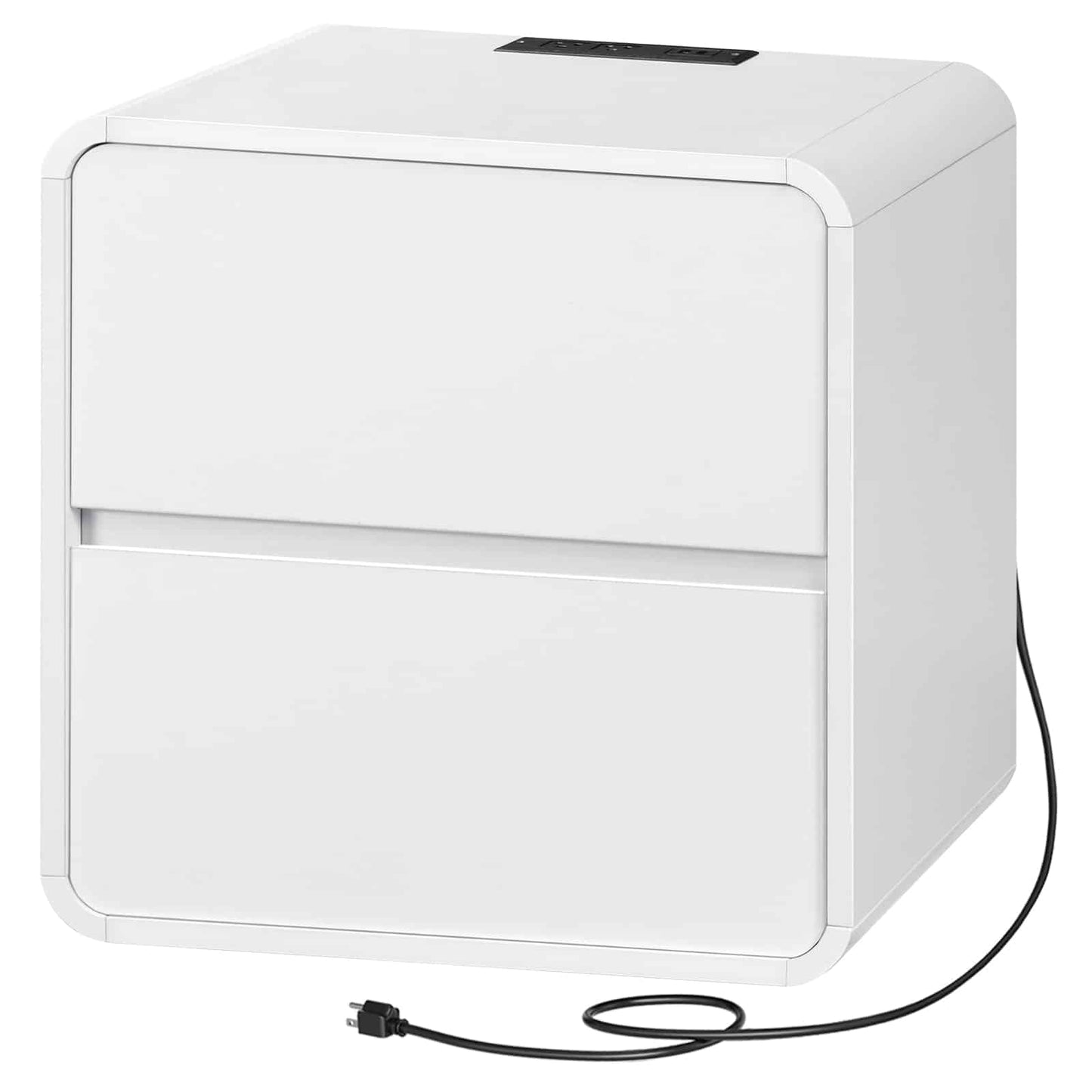 White electronic device with a power cord on a white background