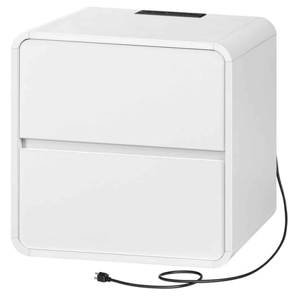 White electronic device with a power cord on a white background