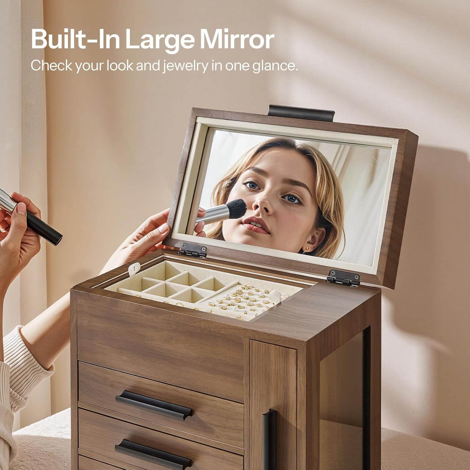 Wooden jewelry box with a built-in mirror and makeup application.