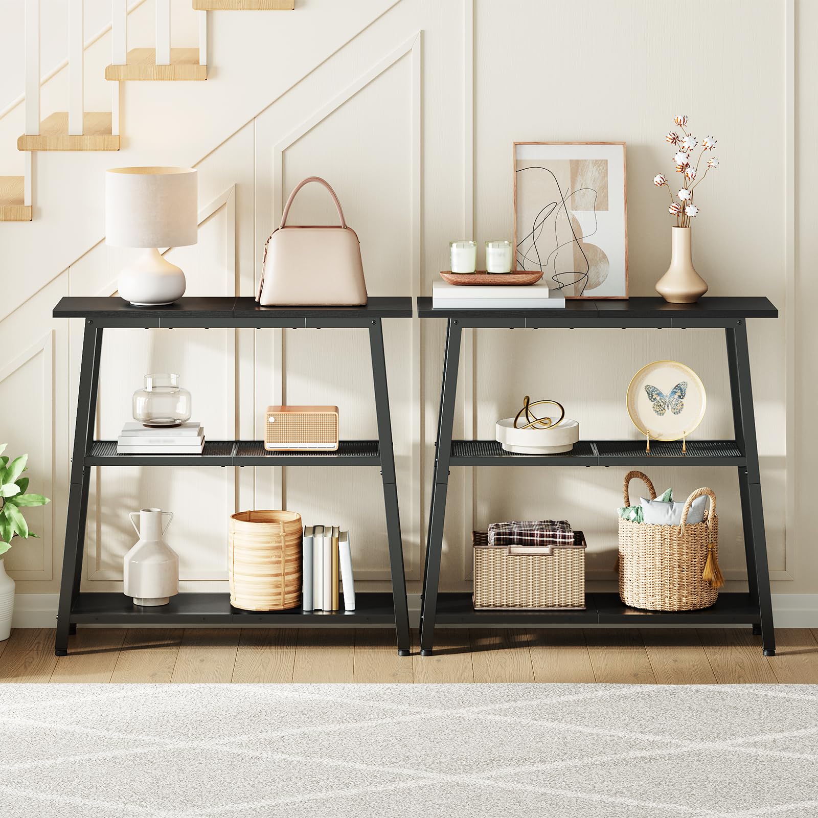 Two pieces of HOOBRO modular black entryway tables arranged side by side against a minimalist white foyer wall.