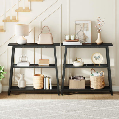 Two pieces of HOOBRO modular black entryway tables arranged side by side against a minimalist white foyer wall.