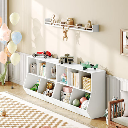 Two pieces of HOOBRO white playroom toy storage cabinets arranged as a modular L-shaped corner display unit.
