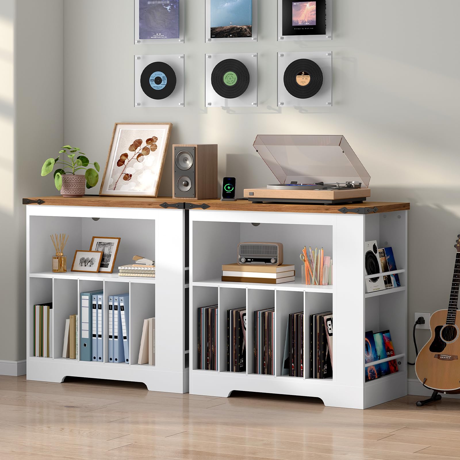Two pieces of HOOBRO modular record player consoles arranged side by side in a bright modern living room.