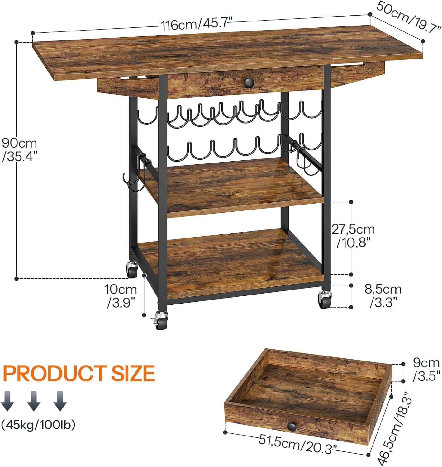 Wooden kitchen island with dimensions and product size label
