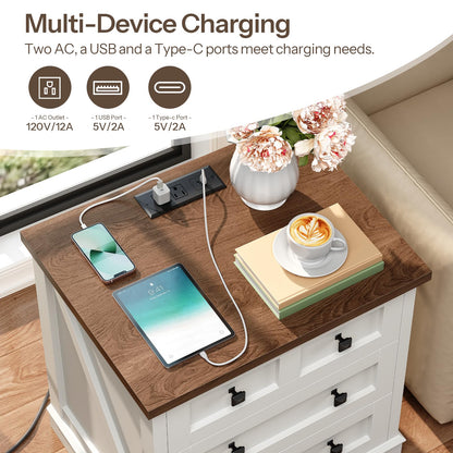 Close-up of the integrated power strip charging multiple smartphones and tablets on the rich brown wooden tabletop.