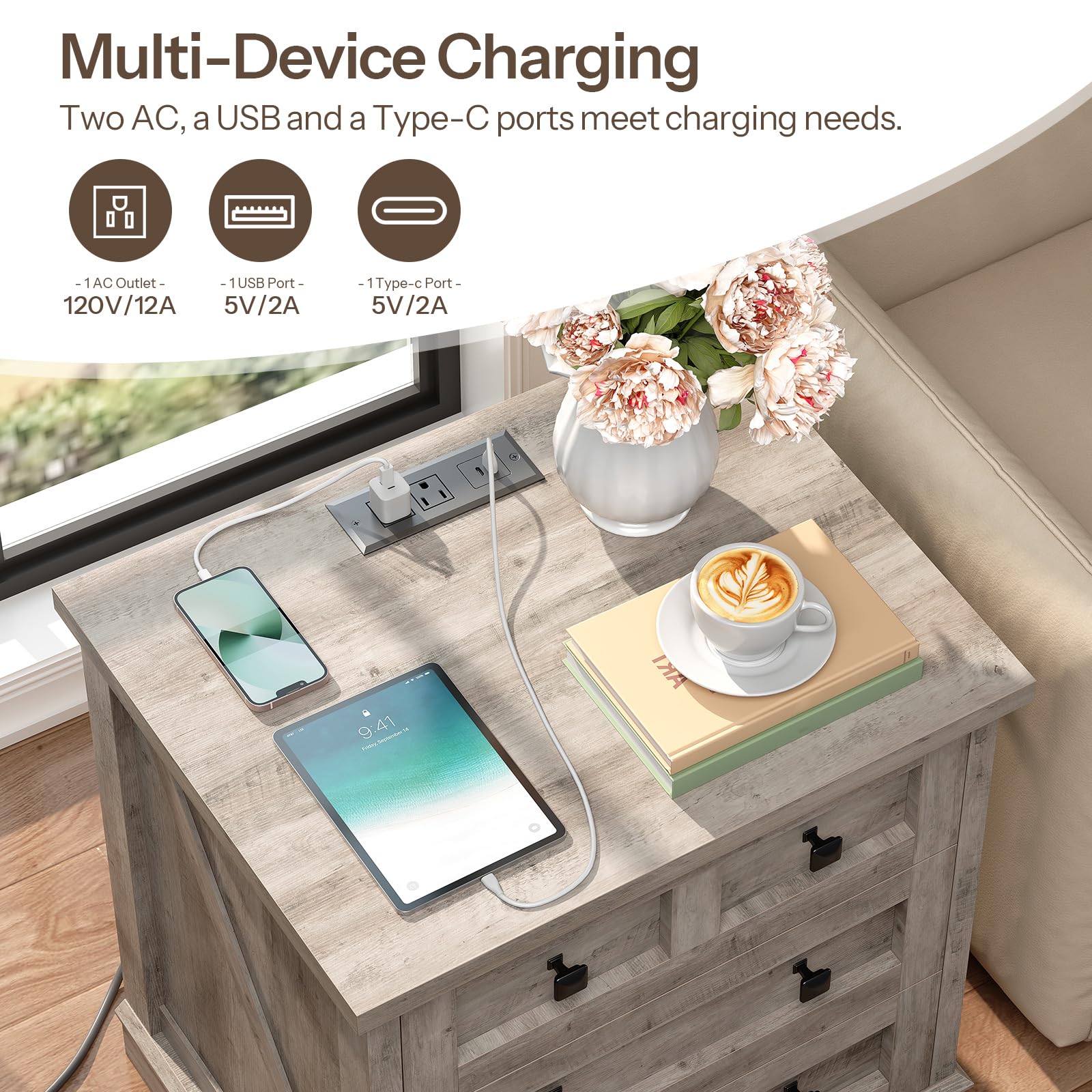 Close up of the multi-device charging station hidden under the flip-top panel holding a flower vase and a watch.