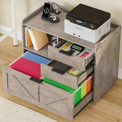Angled top view of the lateral filing cabinet with all drawers open, showcasing large file organization capacity.
