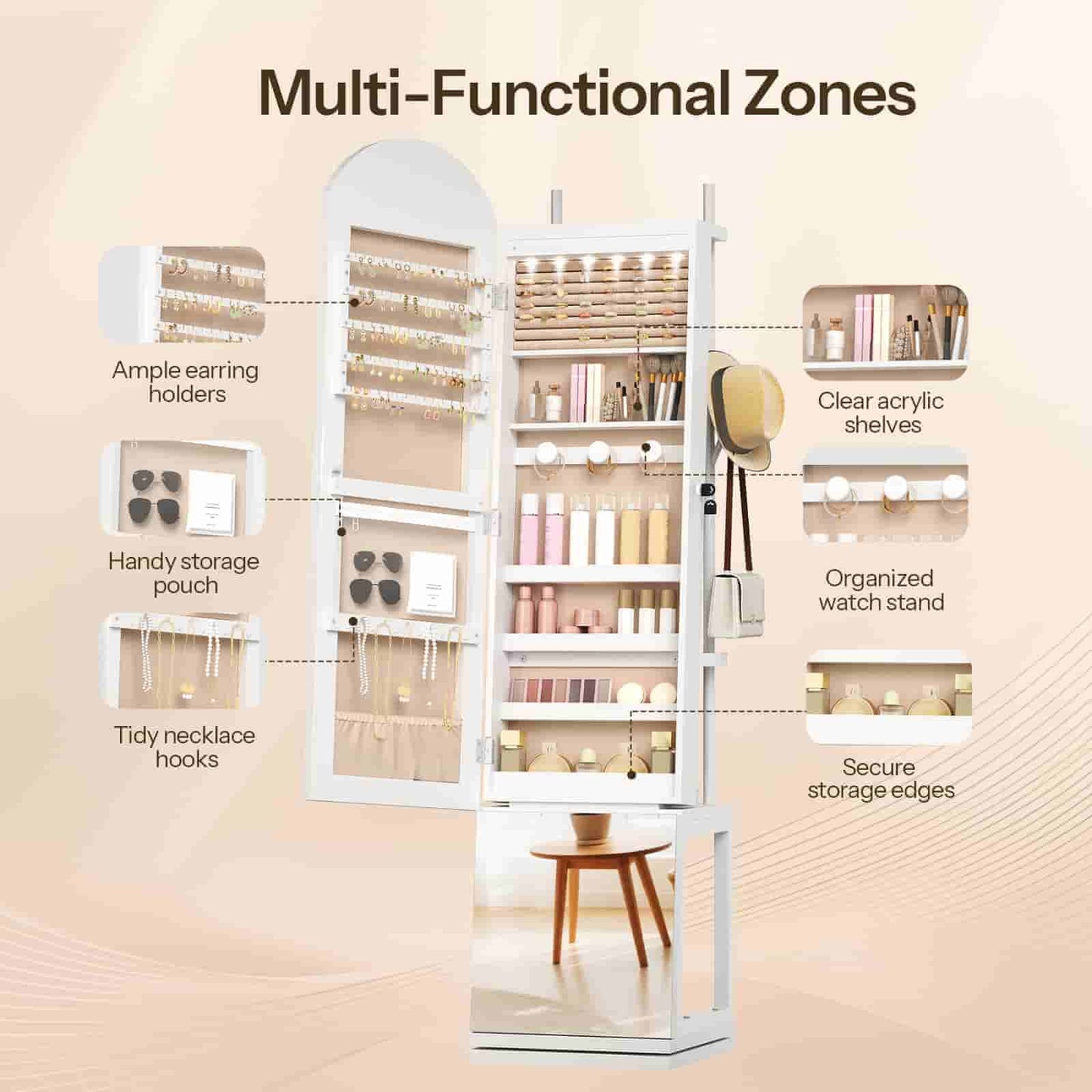 Diagram highlighting the multi-functional zones for earrings, rings, cosmetics, and necklaces.