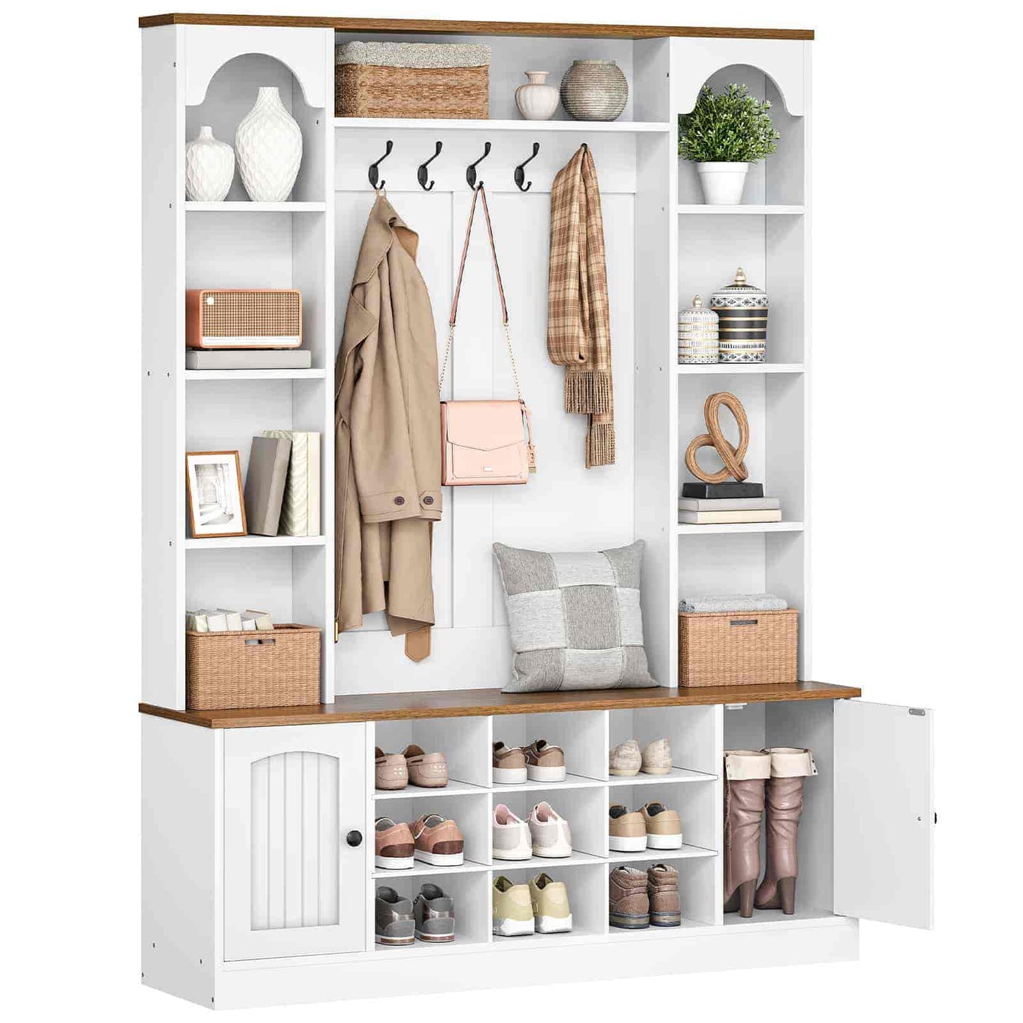 White storage cabinet with wooden top and shelves, containing shoes, clothes, and decorative items.