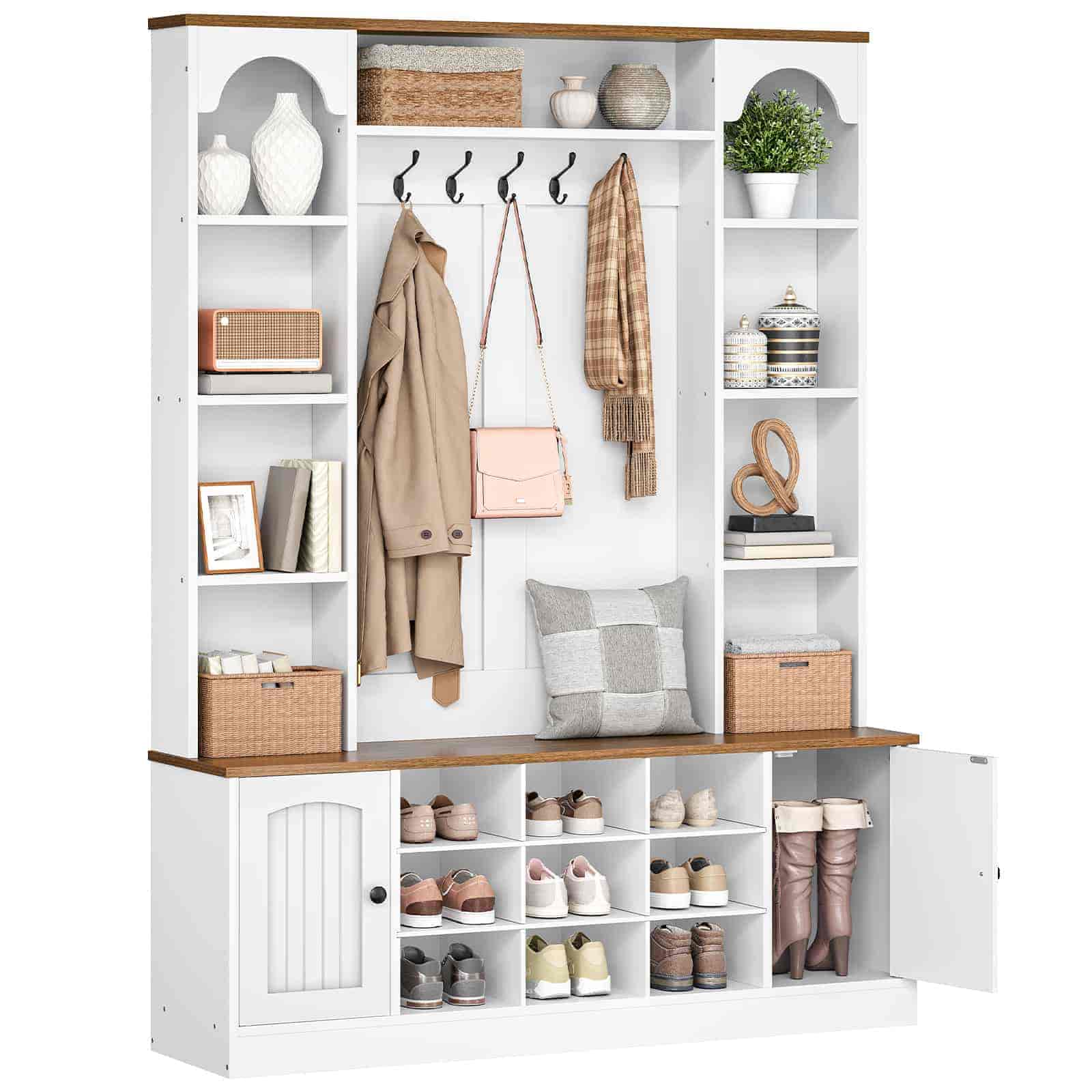 White storage cabinet with wooden top and shelves, containing shoes, clothes, and decorative items.
