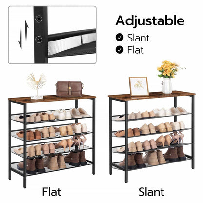 Two shoe racks showing adjustable slant feature with shoes on shelves.