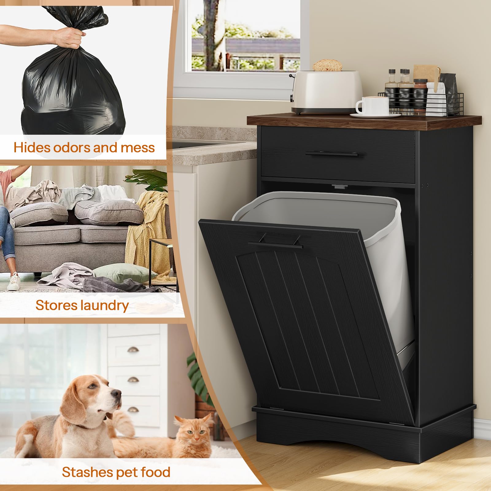 Infographic displaying multi-functional uses including a 10-gallon trash bag, laundry sorter liner, and pet food storage.