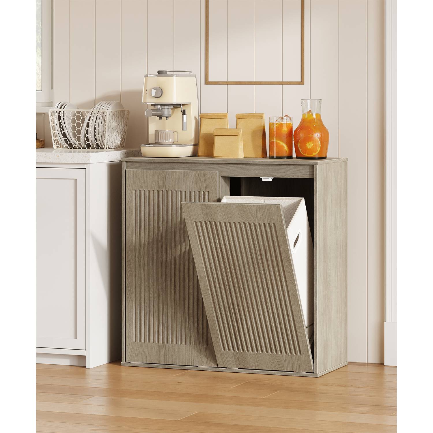 Greige multi-functional tilt-out storage cabinet styled as a trash recycling bin station in a kitchen.