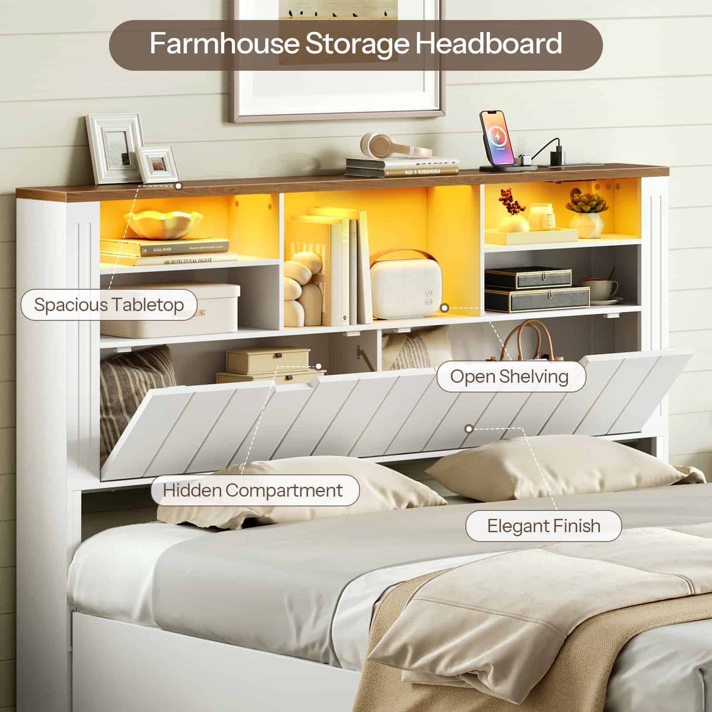  Feature callout image highlighting the top shelf storage, open shelving, and the easy-to-use drop-down hidden storage compartment.