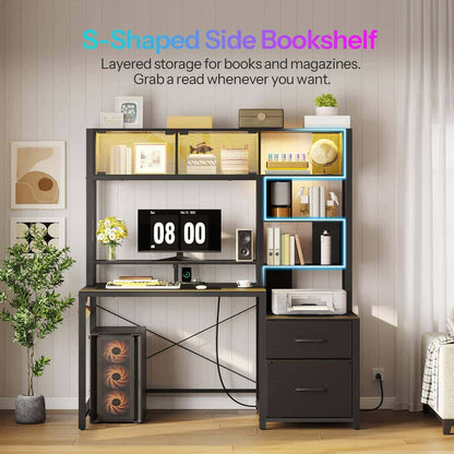 Marketing infographic highlighting the multi-functional layout of the office desk with storage bins and folders.