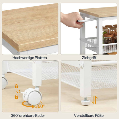 Collage image showing detailed features including the wooden top, pushing handle, rolling casters, and stationary feet.