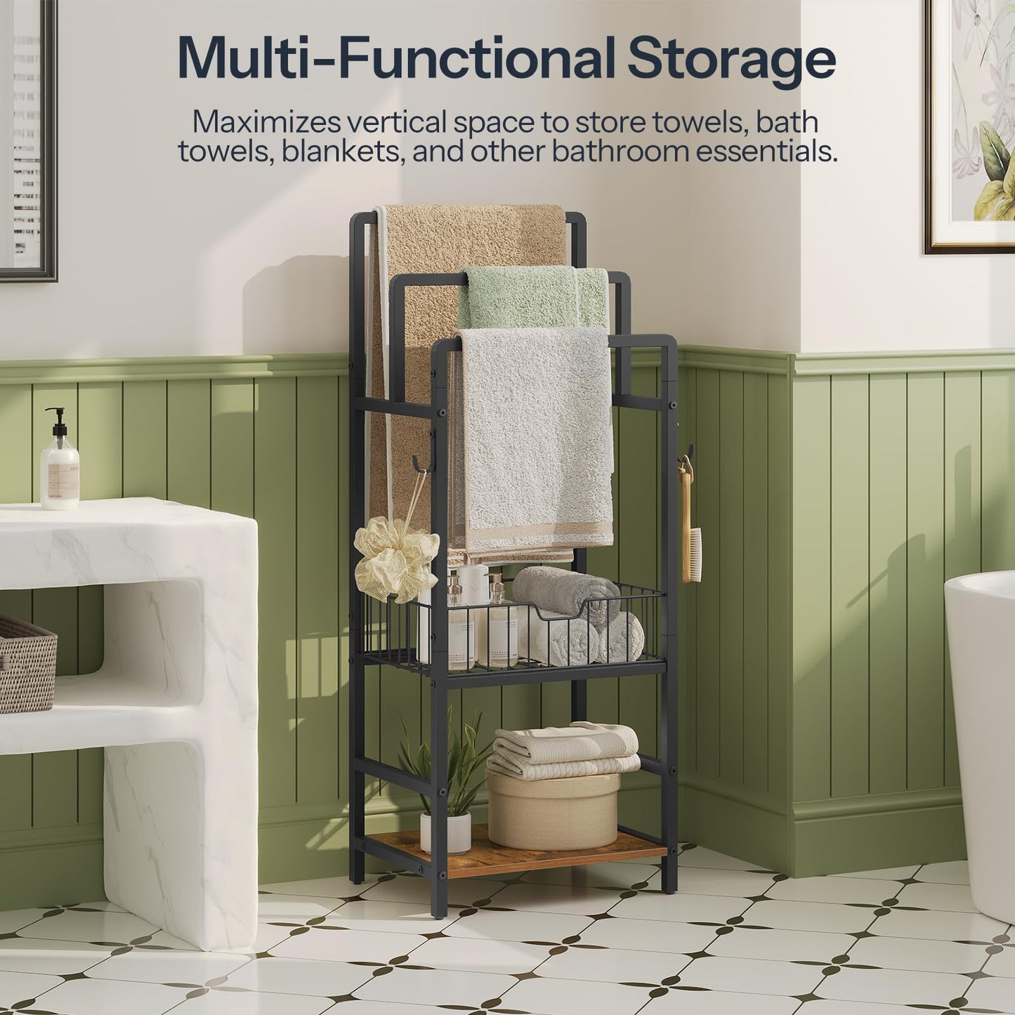 Narrow industrial bathroom organizer shelf standing neatly in a tight corner next to a washbasin.