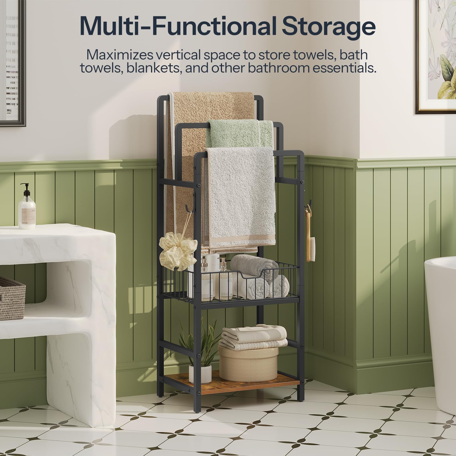 Narrow industrial bathroom organizer shelf standing neatly in a tight corner next to a washbasin.