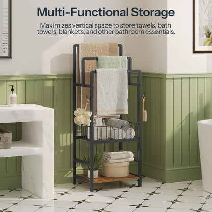 Narrow industrial bathroom organizer shelf standing neatly in a tight corner next to a washbasin.