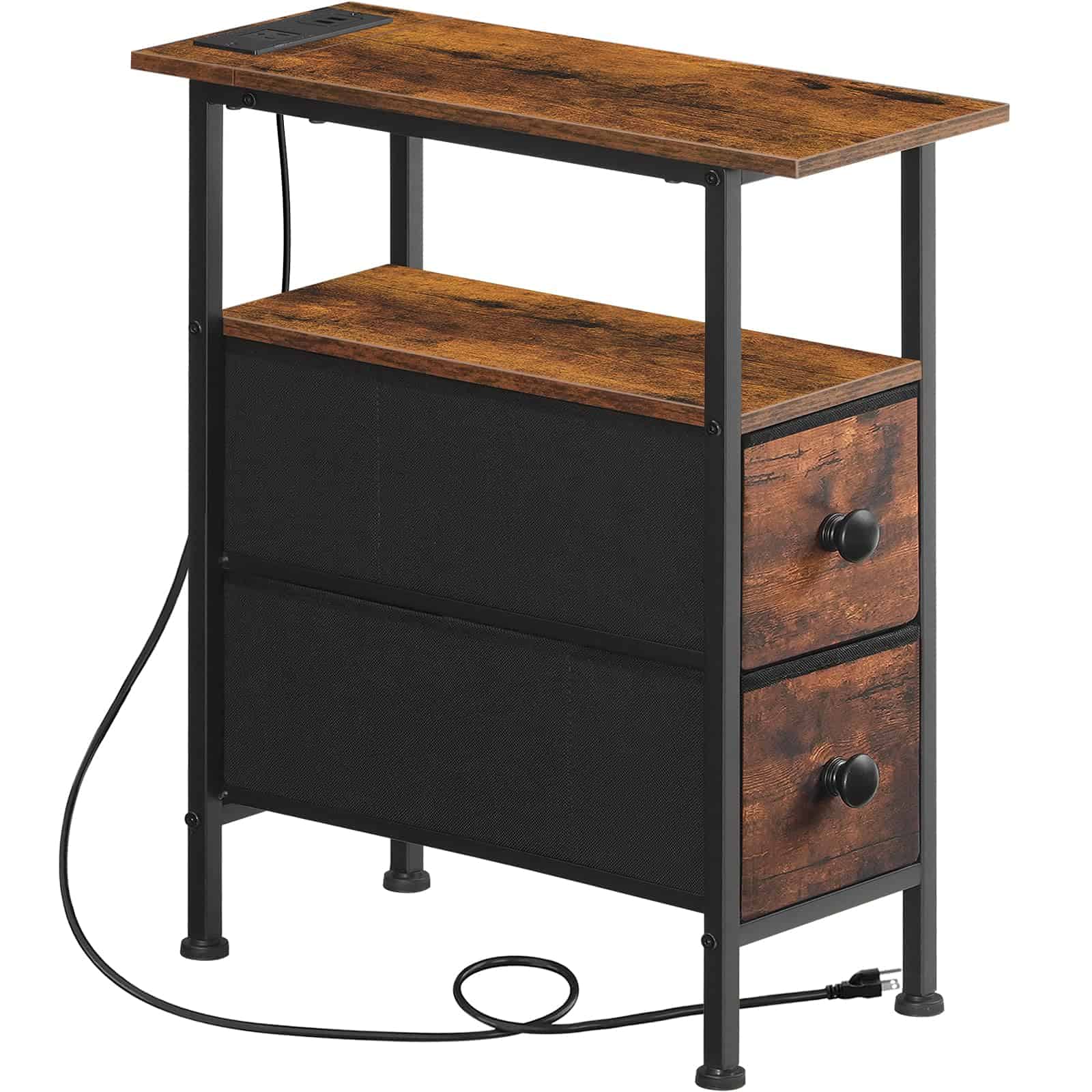 Three-quarter back view of the narrow bedside nightstand highlighting the black iron frame structure and the power cord running from the built-in charging panel.