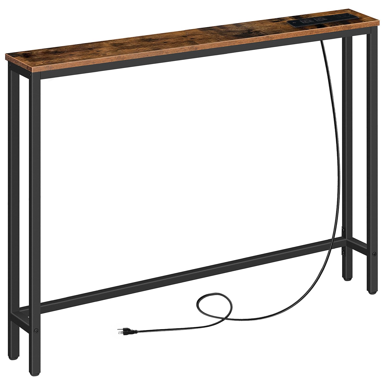 Narrow behind couch table with a long power cord and durable black steel frame