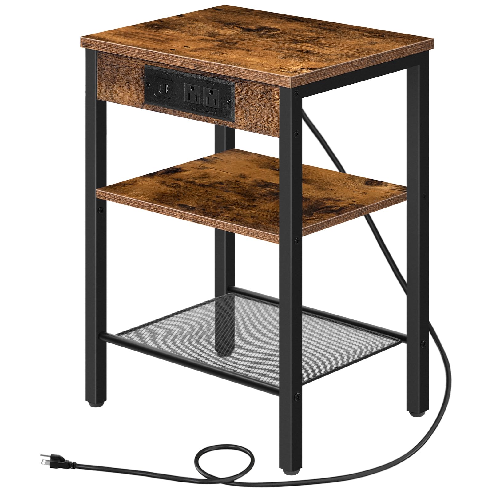 Slim narrow end table with integrated USB ports and open storage shelves for couch side.