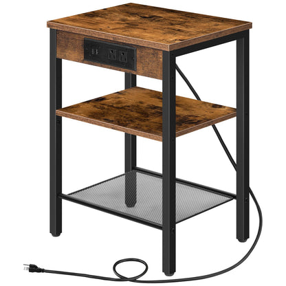 Slim narrow end table with integrated USB ports and open storage shelves for couch side.