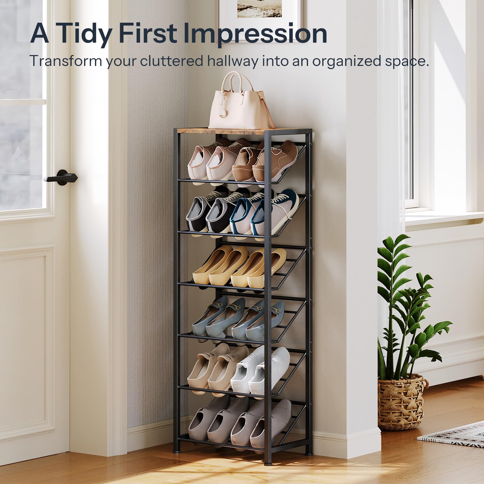 Narrow entryway shoe rack maximizing vertical wall space right next to a white front door.