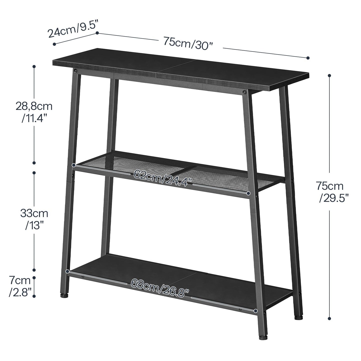 Detailed dimensions and internal tier clearance specifications chart of HOOBRO narrow black hallway table