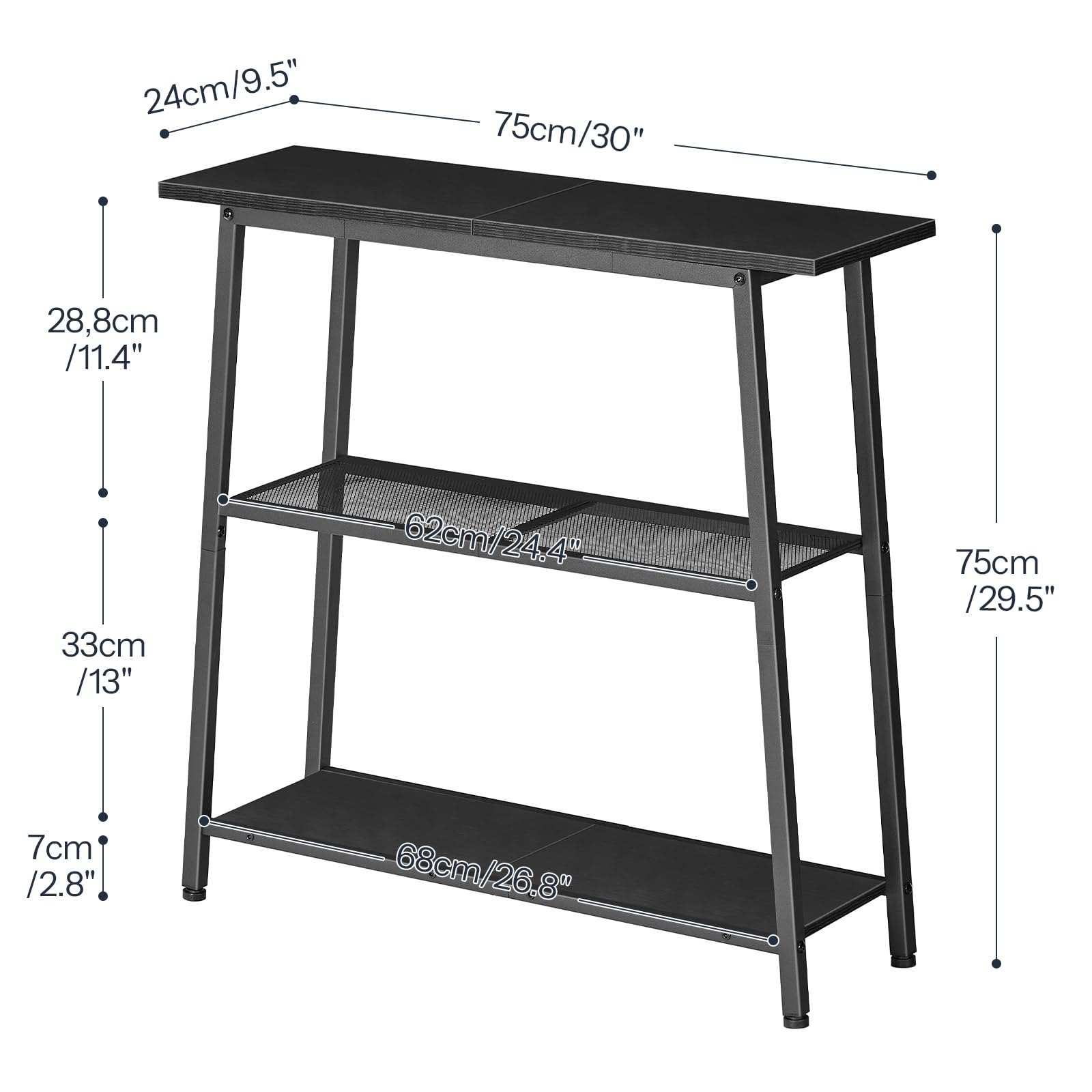 Detailed dimensions and internal tier clearance specifications chart of HOOBRO narrow black hallway table