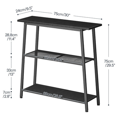 Detailed dimensions and internal tier clearance specifications chart of HOOBRO narrow black hallway table