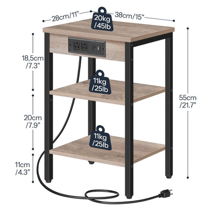 Size dimensions and weight load capacity chart for the narrow 3-tier nightstand with charging ports.