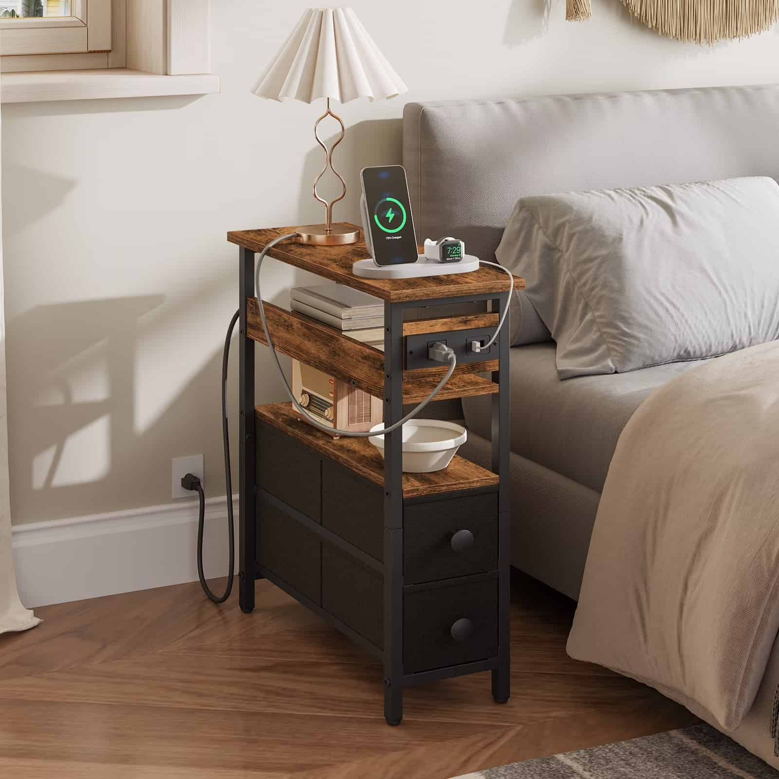 Slim industrial bedside table snugly fitted into a tight space between a bed and a wall in a cozy bedroom.