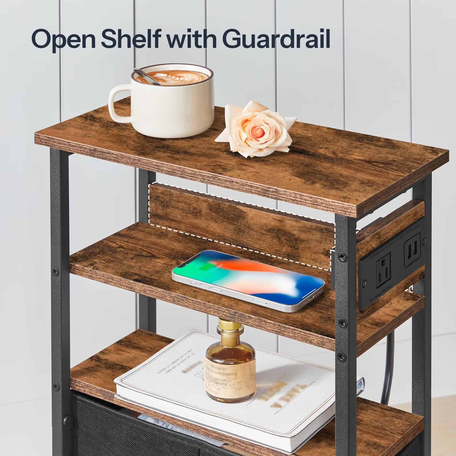 Close-up of the upper open shelf on the slim table showing a protective guardrail keeping a coffee cup safe.