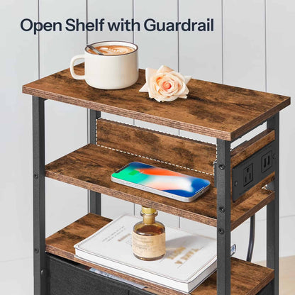 Close-up of the upper open shelf on the slim table showing a protective guardrail keeping a coffee cup safe.